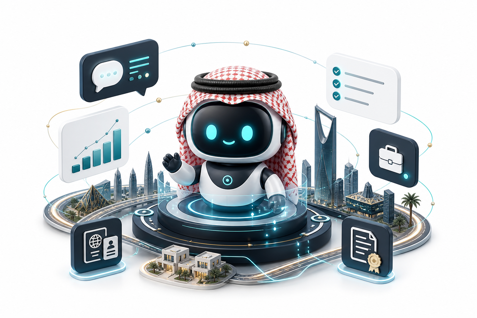 Patrick AI agent wearing a Saudi shemagh with relocation intelligence signals